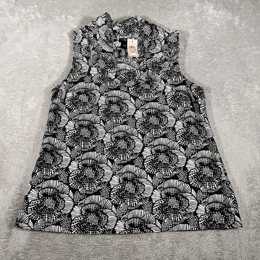 Ann Taylor Blouse Womens Petite 6P Black White Floral Ruffle Neck Sleeveless NWT
